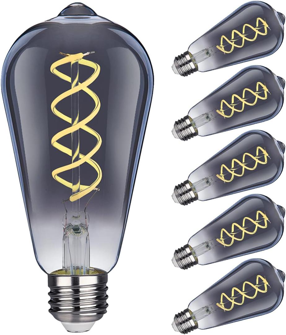 Kiraralite ST19(ST58) LED Smoky Grey Glass Edison Bulb, Vintage, 6 Pack, Daylight 5000K, Antique Flexible Spiral LED Filament Light Bulb, Dimmable, 300LM, 4.5W Equivalent to 40W, E26 Base