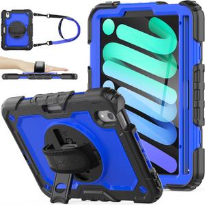 SEYMAC stock Case for iPad mini 7 (A17 Pro) 2024/ Mini 6 8.3'' with Screen Protector Pencil Holder [360 Rotating Hand Strap] &Stand, Drop-Proof Case for iPad mini 7th/6th Generation 8.3", Blue+Black