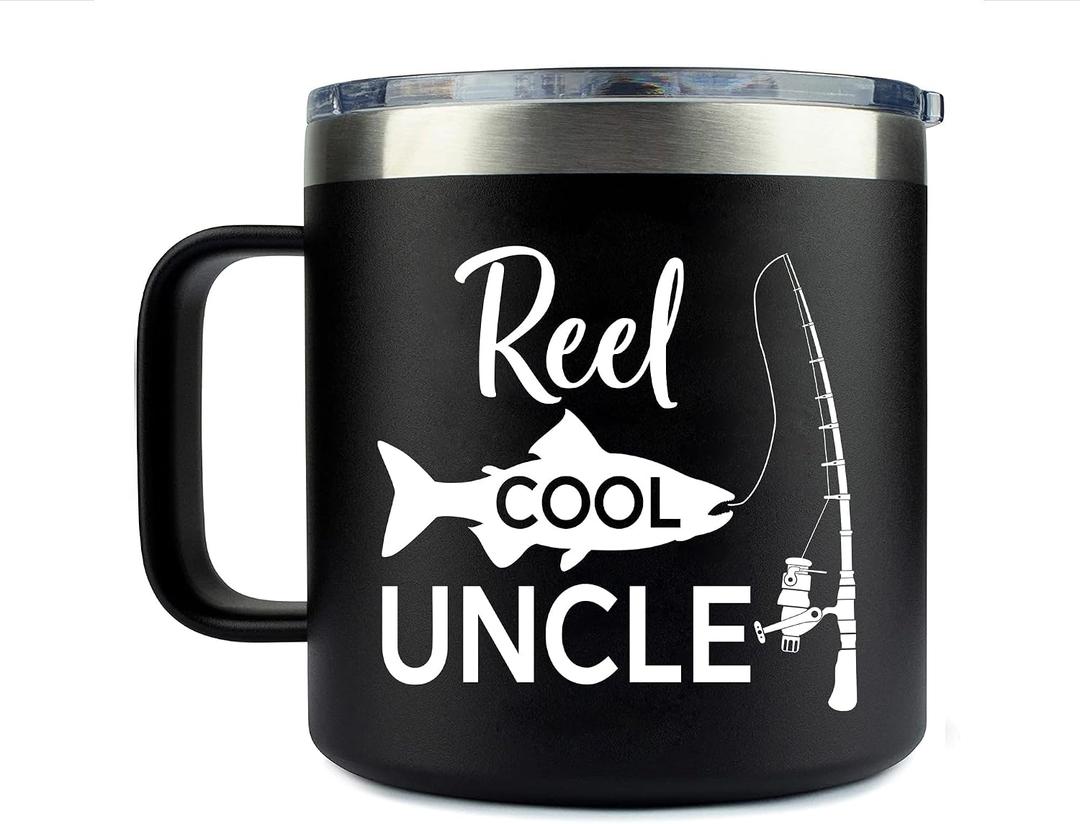 Reel Cool Uncle Tumbler - Funny Fishing Insulated Tumbler With Handle - Fishing Travel Coffee Mug 14Oz - Mug Gift For Uncle On Birthday - Christmas - Fathers Day