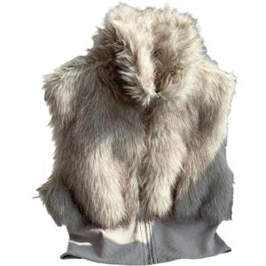 MakeMeChic Women's Faux Fur Vest Sweater Fuzzy Sleeveless Contrast Zip Up Fall Vest Jacket (Medium, Brown)