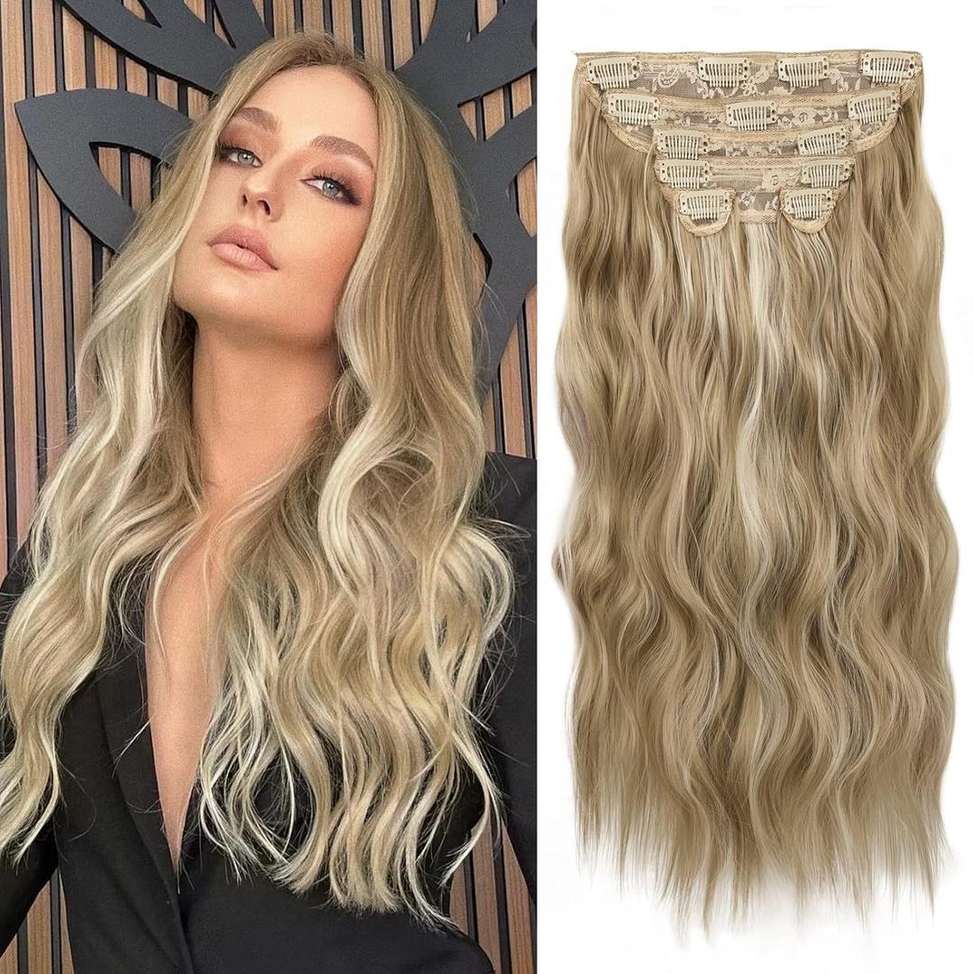 WECAN Clip in Hair Extension 20 Inch Ash Blonde Mix Bleach Blonde 6PCS Long Wavy Curly Hairpieces for Women Natural Thick Synthetic Fiber Double Weft Hair Full Head