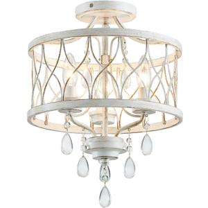 Farmhouse Crystal Ceiling Light Fixture, 3-Light Semi Flush Mount Crystal Chandelier Light Fixture Rustic Vintage White Pendant Ceiling Lamp for Hallway Corridor Kitchen Entryway Bedroom Living Room (16" High 12.8" Wide)