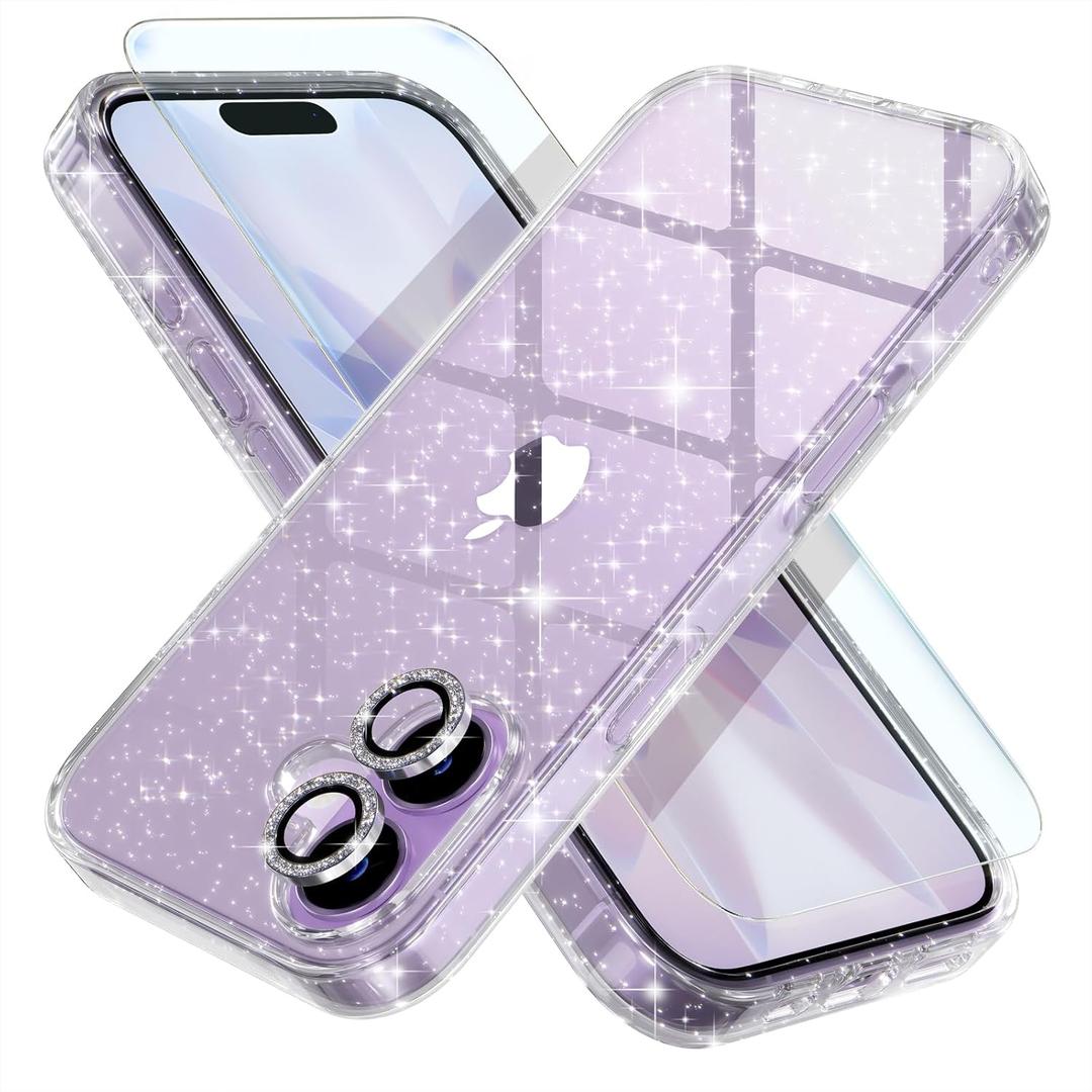 Choiche Compatible for iPhone 17 Case, Women Cute Clear Glitter Bling Sparkly Case, [2 x Diamond Camera Lens Protectors] [2 x Tempered Glass Screen Protectors] 6.3-inch (Glitter Clear)