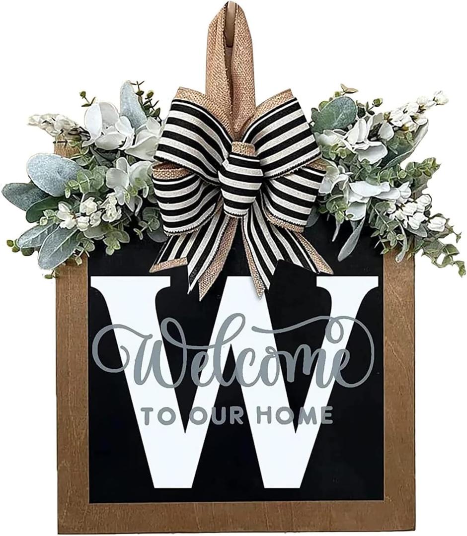 Last Name Year Round Front Door Wreath Front Porch Decoration 26 Letter Welcome Sign with Eucalyptus Garland and Bow Spring Wreaths for Front Door Outside Hanger GarlandW