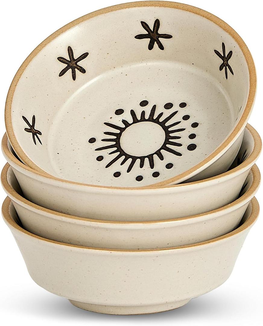 Stoneware Dipping Sauce Side Dishes Set of 4-3.7" Rustic Condiment Bowls - Handcrafted Ceramic Appetizer Plates for Sushi Soy, Charcuterie,Snack, Cheese Boards(Sun)