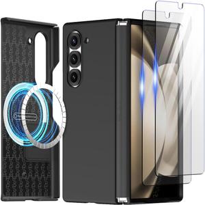 araree Aero Flex M Galaxy Z Fold 6 Case with Hinge Protection, 2 Pack Tempered Glass Screen Protector, Compatible with Magsafe Accessories, Thin & Slim Shockproof Case (Black + Tempered Glass[2 Pack])