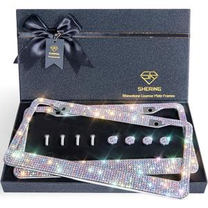 SHERING Bling License Plate Frame, 2 Pack Frame with Premium Gift Box for Women,Rhinestone Frames 1200pcs RhinestonesColorful Rhinestones
