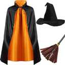 Boyiee 3 Pcs Kids Witch Costume Reversible Cape Wizard Hat Broom Wizard Vampire Cloak for Carnival Mardi Gras World Book Day (Orange, Black)