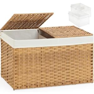 SETVSON Storage Basket with Lid Wicker Baskets for Storage with 2 Separate Lid 42.3 Gallon (160 L) 29.9 x 17.3 x 18.1 Inches Rattan Woven Large Wicker Basket with 2 Liners for Bedroom Laundry Natural