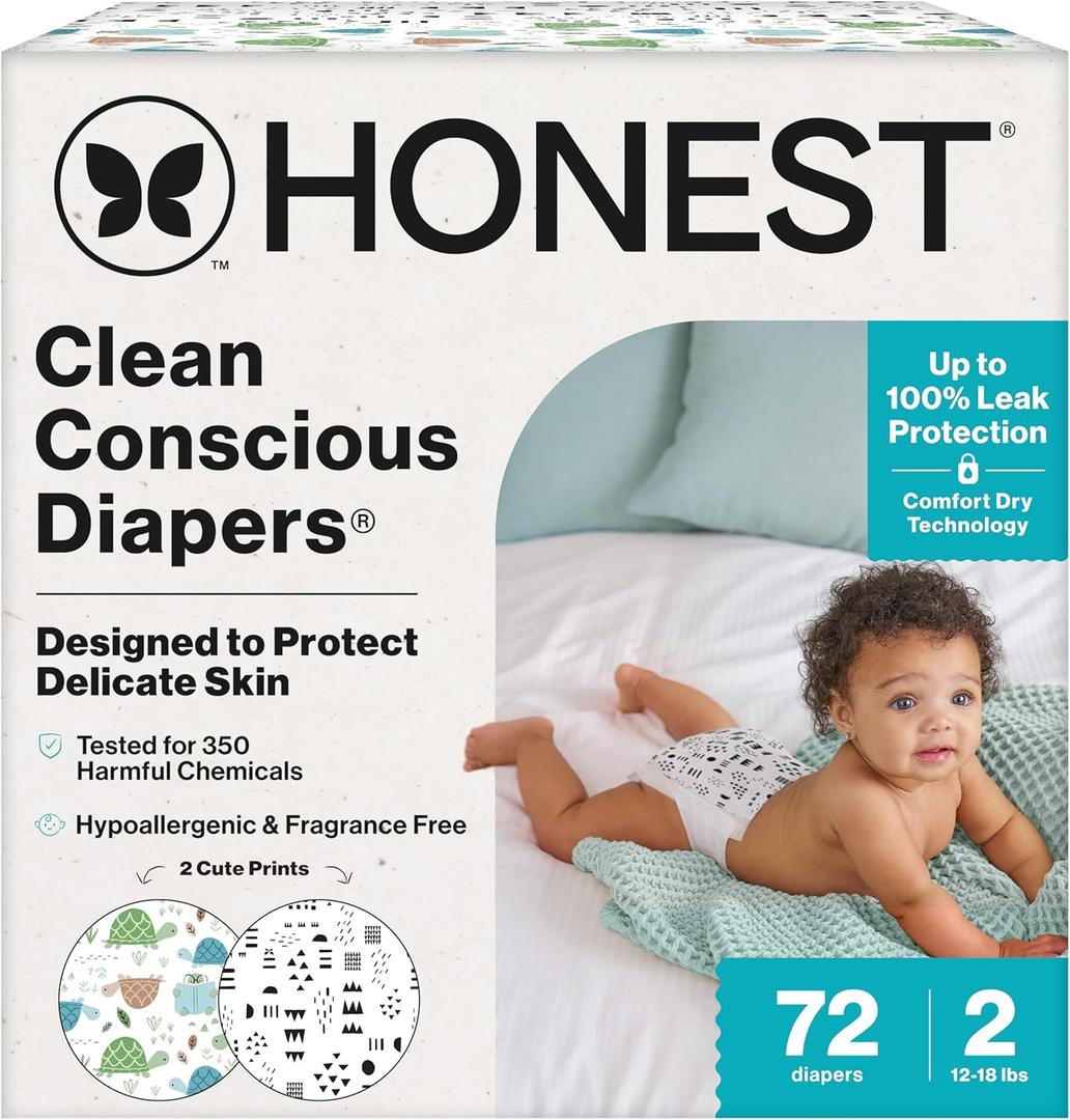 The Honest Company Clean Conscious Diapers for Delicate Skin | Up to 100% Leakproof | Hypoallergenic, Fragrance Free | Gender Neutral | Club Box, Size 2 (12-18 lbs), 72 Count (Prints May Vary) (Turtle Time + Pattern Play)