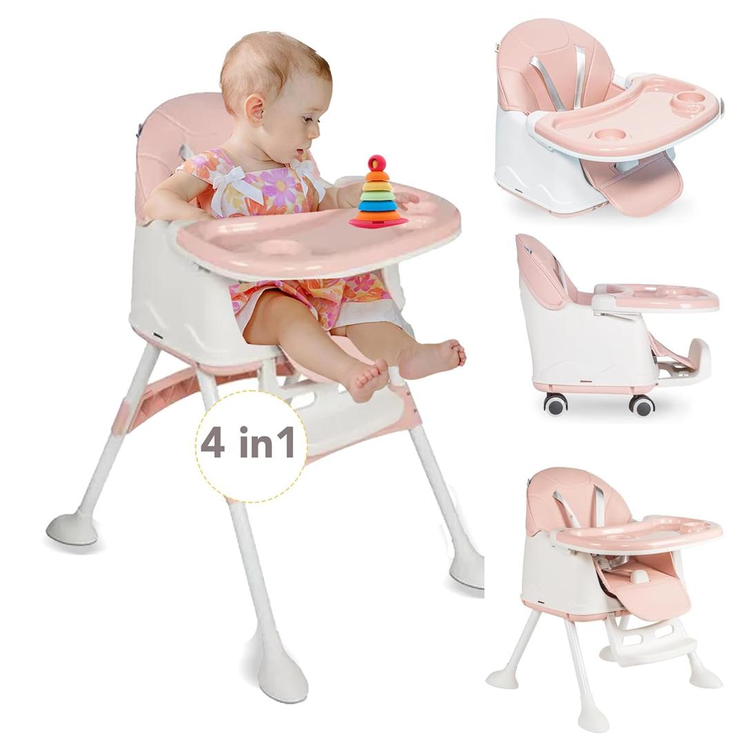 Maxi Baby 4-in-1 Honey Baby High Chair - Booster Seat for Dining Table, Convertible Baby Highchair with Wheels, Dining Seat and Toddler Chair - for Ages 6 Months and Up to 50.7lb - Pink - Maxibaby