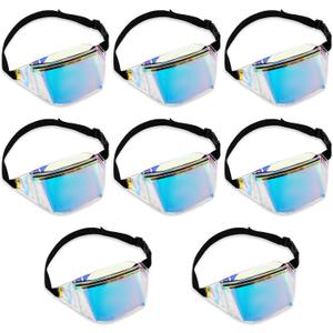 Dunzy 8 Pcs Holographic Fanny Packs for Women Bulk Waterproof Transparent Waist Bag 80s Fanny Pack Sport Waist Bag with Adjustable Belt for Beach Travel Sand Hiking