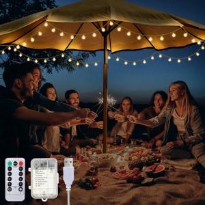 32 Feet Patio Umbrella Lights, 8 Lighting Modes LED String Lights with 64 Pcs Shatterproof Globe, Remote Control Battery & USB Powered, Waterproof Hanging Light Decorate for Patio (Warm White)