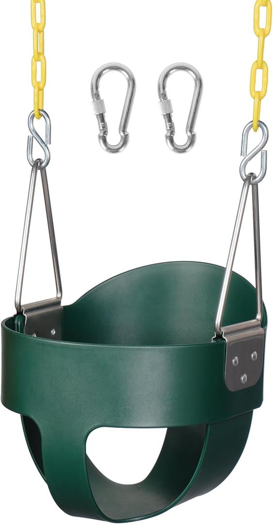 DECORLIFE Toddler Swing - High Back Full Bucket Seat for Ages 1-3, 330lb Capacity, Baby Infant Swing Outdoor with Safety Design, Plastic-Coated Chains, Carabiners for Backyard, Playground, Garden (Green)