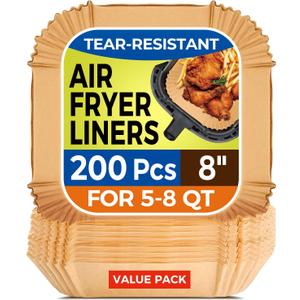 200 Pcs Air Fryer Paper Liners, 8" Square Air Fryer Liners Disposable, Heavy-Duty Parchment Paper for 5-8 qt Airfryer Basket, Non-Stick & Grease-Proof Baking Liner for Oven Pan