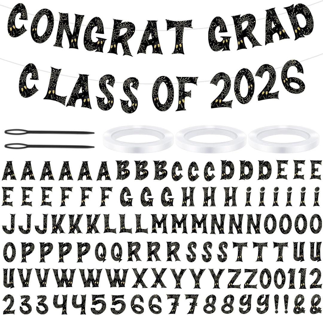 Kosiz 116 Pcs DIY Letter Custom Banner Customizable Banner Kit Graduation Letter Garland Including 111 Letters Numbers 3 Rope 2 Threading Device for Graduation Class of 2026 Party Classroom Decor (Black and Gold)