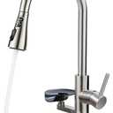 Kitchen Faucet with Glass Rinser, Pull Down Sink Faucet with 3 Spray Modes and High Pressure Glass Rinser, Temperature Display High Arc Stainless Steel Kitchen Faucets (Brushed Nickel)