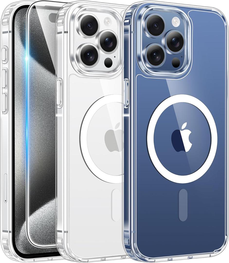 FNTCASE for iPhone 15 Pro-Max Case: Clear Magnetic Phone Cases with Screen Protector Compatible with Magsafe Slim Anti Yellowing Rugged Shockproof Protective Transparent Cell Cover (A-Clear)