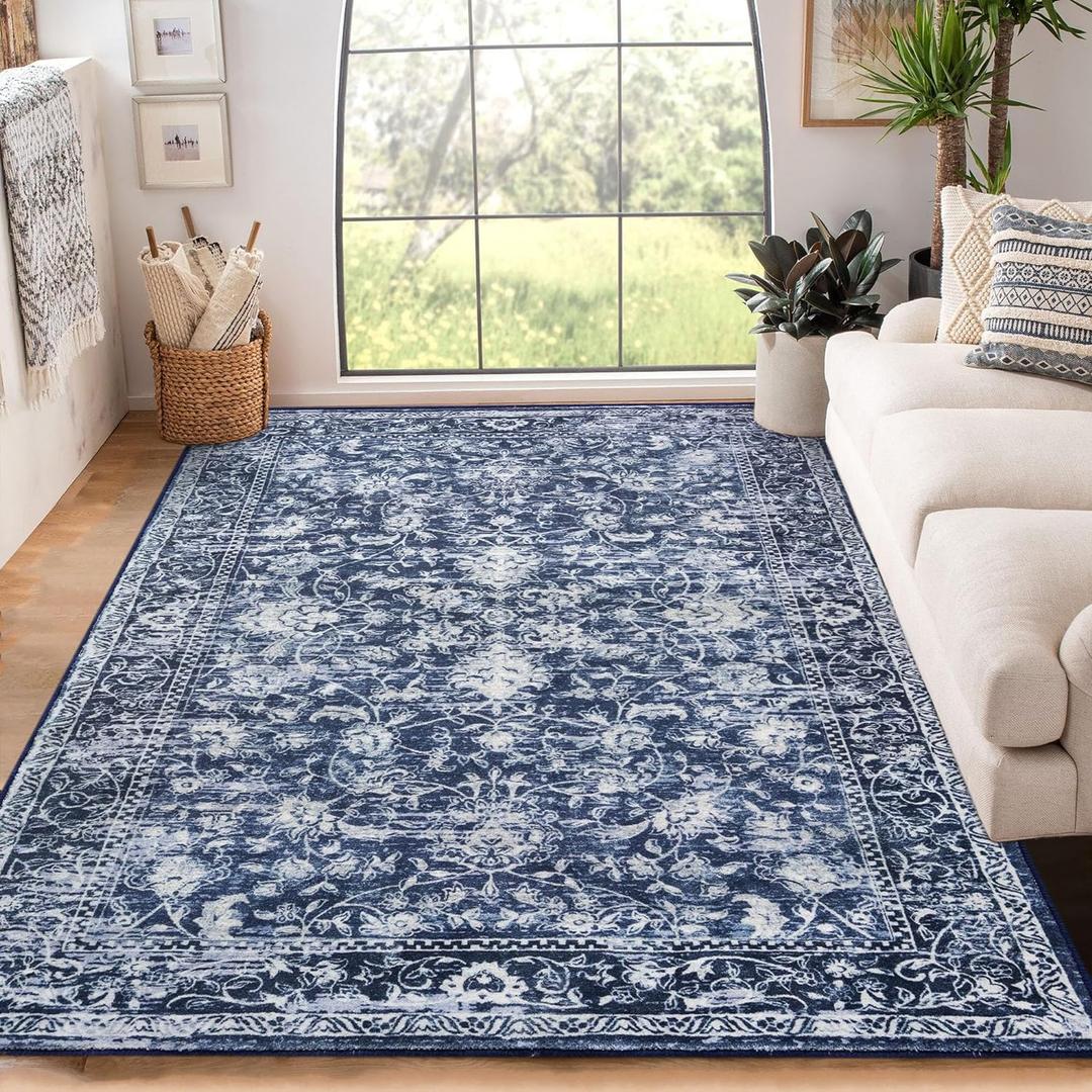 KILOCOCO Area Rug 4x6 Entryway Rug Washable Printed Vintage Floral Rubber Backed Non Slip Indoor Kitchen Rugs for Laundry Room Playroom Bedroom Living Room Moroccan Area Rugs, Navy Blue