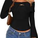 MEROKEETY Women's Off Shoulder Sweater 2025 Fall Cute Bell Long Sleeve Ribbed Knit Winter Pullover Knit Outfits (X-Large, Black)