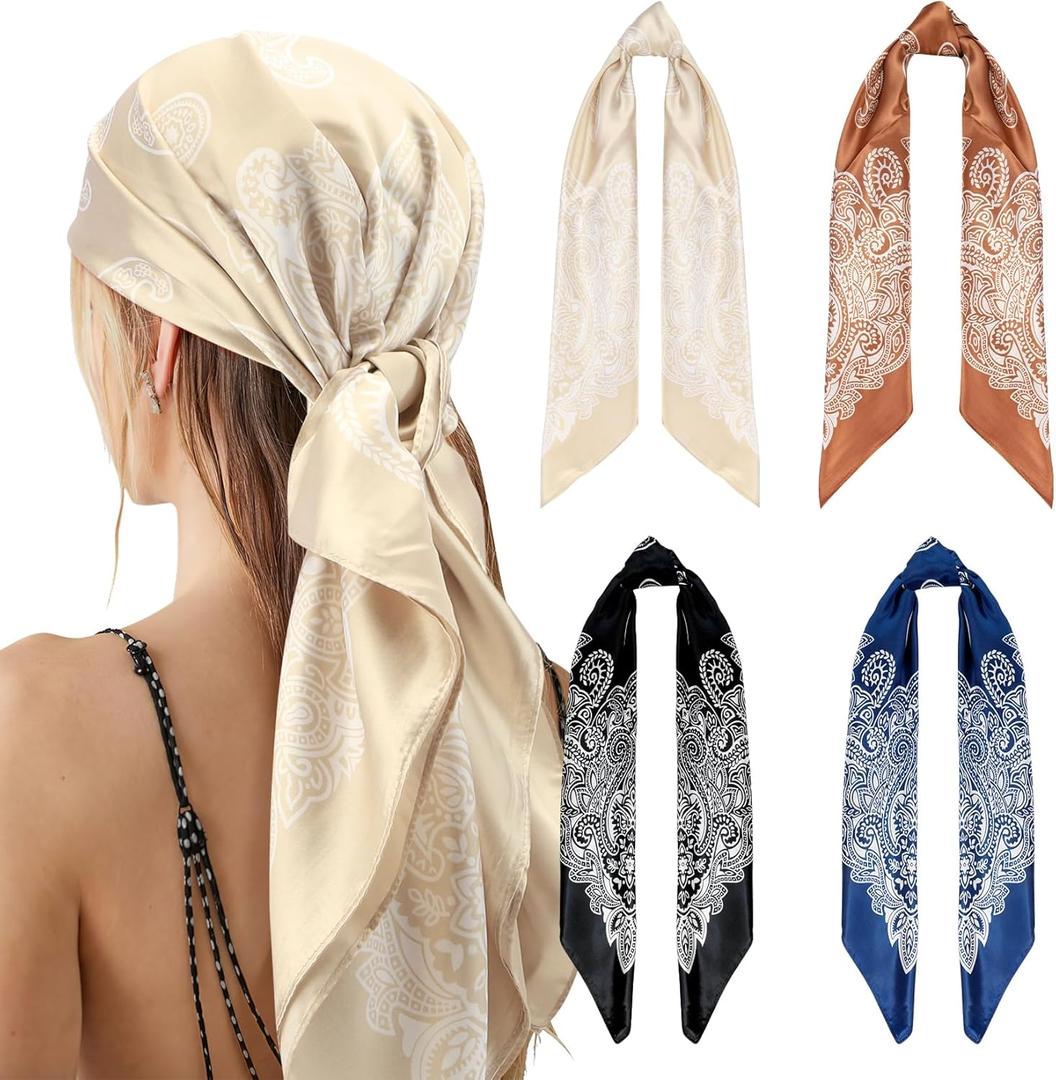 NZKNP Silk-Like Head Scarf - Women's Bandana Wraps (35"*35", 4pcs Beige/Red/Black/Blue)