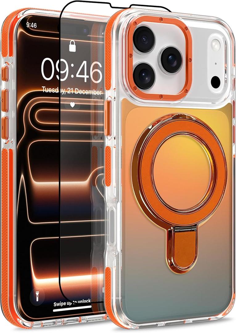 Magnetic Fit for iPhone 17 Pro Max Case with Stand, Orange | [Compatible with Magsafe] [Fashion Fluorescent Design] [1 Screen Protector] Slim Translucent Matte Phone Case 6.9" 2025