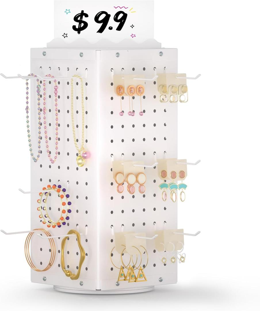 Urban Deco 360 Rotating Pegboard Display Stand with Signage, 4-Sided Spinning Peg Board Stand with 24 Hooks for Jewelry, Earring & Keychain Holder Displays for Craft Shows & Vendor Events (White)