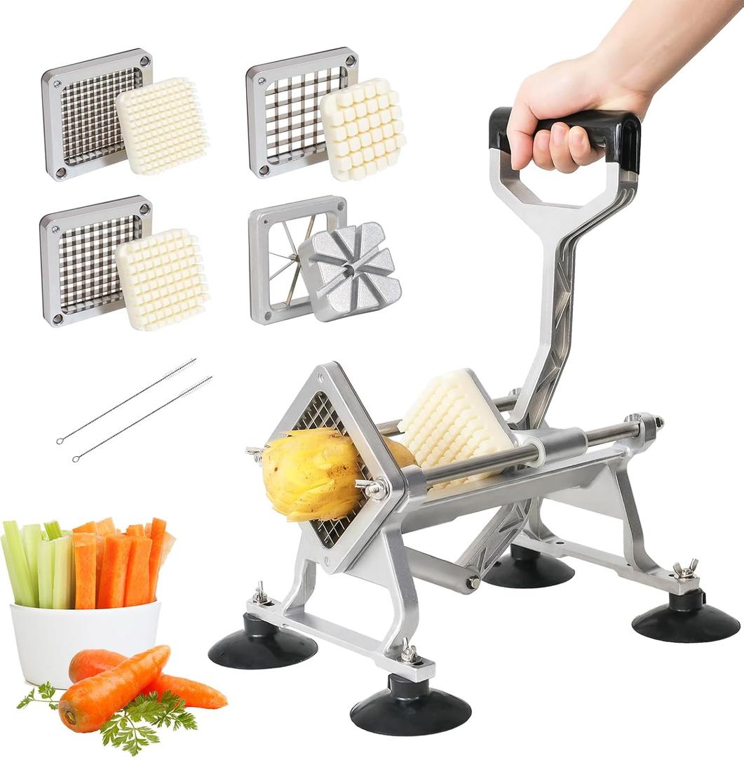 Commercial French Fry Cutter with 1/2'' 3/8'' 1/4'' 8-Wedge Stainless Steel Blades Professional Potato Cutter Dicer Manual Vegetable Chopper with Suction Cups for Carrot Cucumber Onion