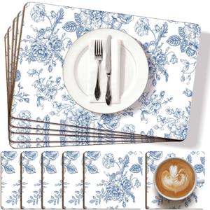 LemonRoad 6 Sets Blue and White Floral Cork Placemats 16x12 Inches Heat Cork Backed Placemat and 6 Coasters Retro Backing Table Mats Square Coasters for Rustic Kitchen Dinner Table Setting Supplies