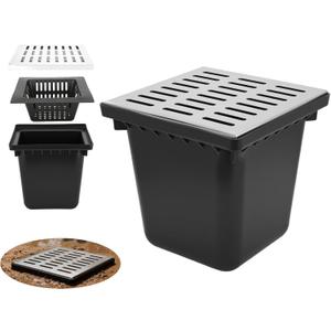 tonchean Catch Basin with Stainless Steel Grate, 18x18x15 in. Large Drainage Basin with Debris Basket, French Drain Without Reserved Hole for Yard, Downspout, Lawn, Municipal Pipeline
