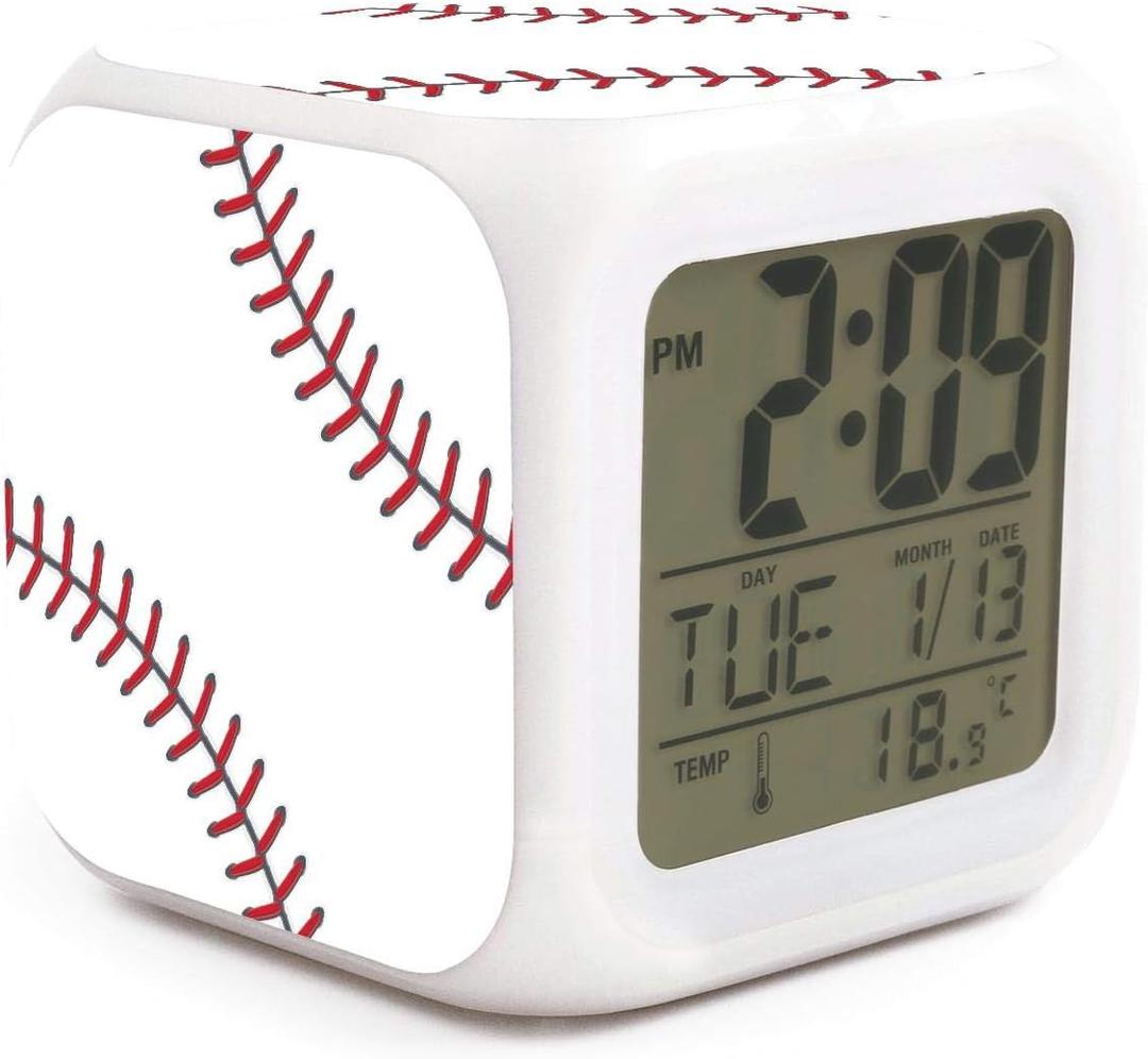 Baseball Ball Alarm Clock for Kids Boy Girl 7 LED Color Changing Wake Up Clock Home Decor Bedroom Digital with Temperature Display