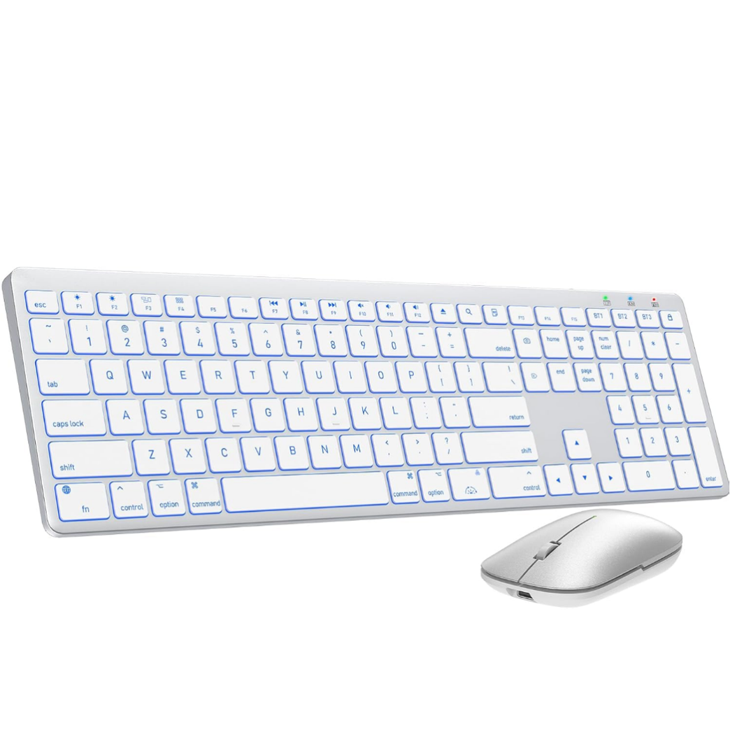 SABLUTE Bluetooth Keyboard and Mouse for Mac — 7-Color Backlit, Multi-Device, Rechargeable, Full-Size Wireless Keyboard Mouse Combo with Quiet Scissor-Switch Keys & Tilt Legs for Mac (Silver White)