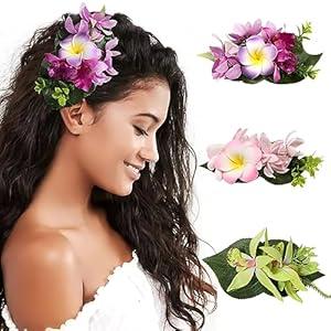 HAIMEIKANG 2 Pieces Hawaiian Flower Hair Clips - Artificial Tropical Flower Hair Pins Large Hair Flowers For Women Hawaiian Hair Accessories Wedding Hair Piece (Pink+Purple+Green)