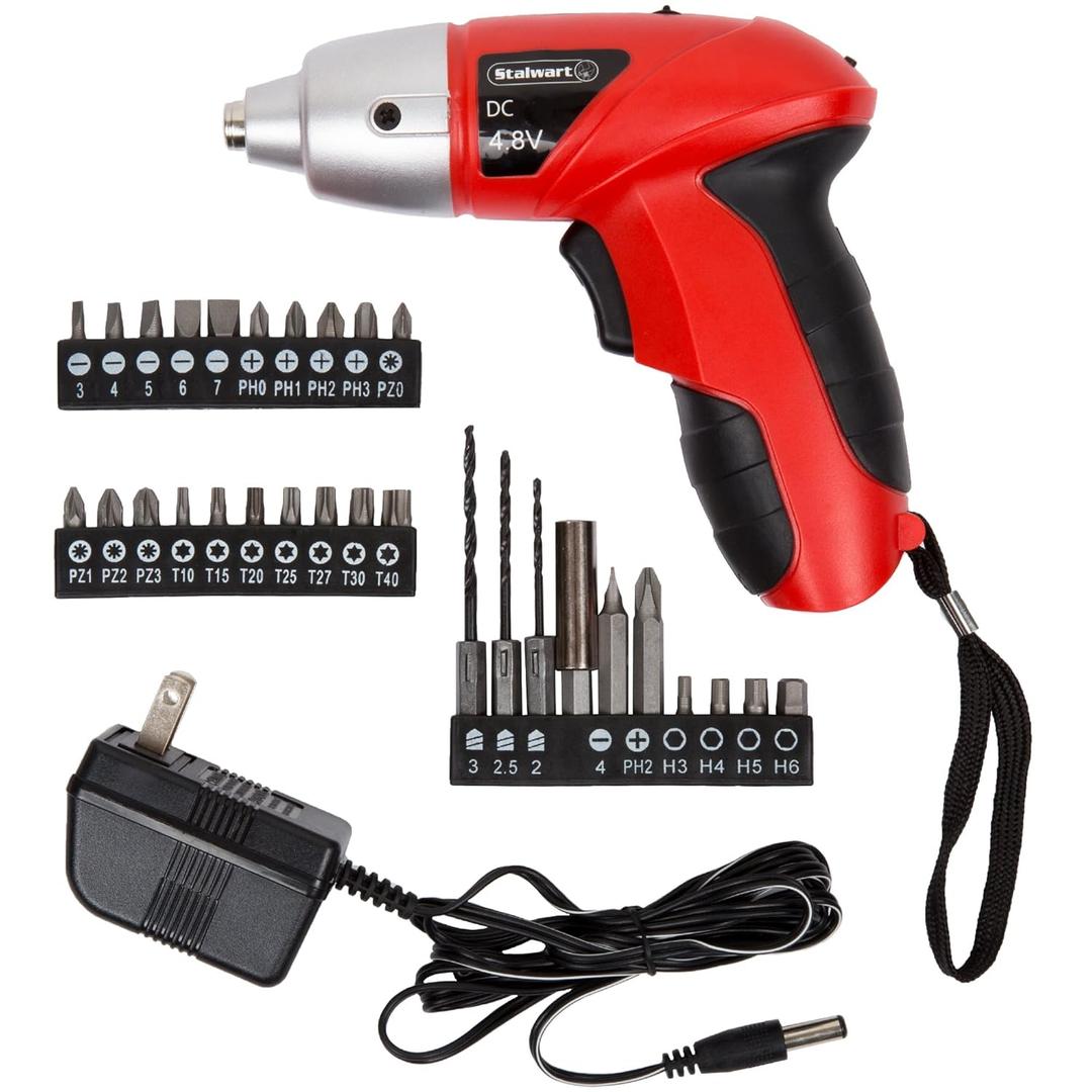 25-Piece Electric Screwdriver Set - Cordless Drill with LED Work Light, Automatic Spindle Lock, and Screw Driver Bits by Stalwart (Red) (4.8V)