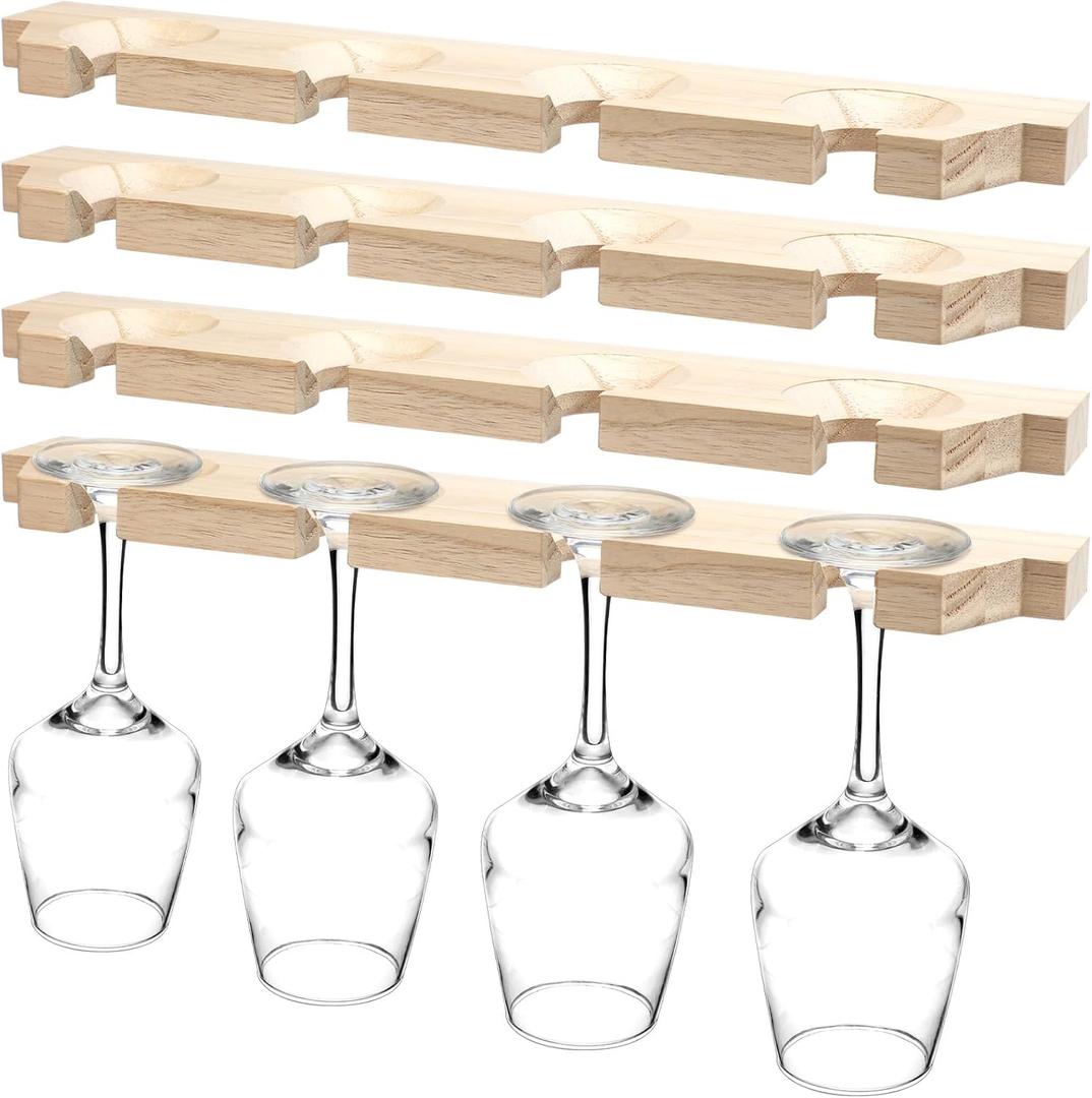Ripeng 4 Pcs Wall Mounted Wood Stemware Rack Champagne Holder Rustic Wine Glass Hanging Shelf Wood Floating Glassware Wall Holder for Party Kitchen Bar Organizer 17 x 3 x 0. 8 Inch (Wooden Color)