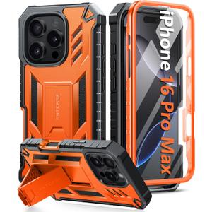 FNTCASE for iPhone 16 Pro Max Case: Military Grade [Built-in Screen Protector] [Kickstand] Matte Textured Drop Proof Protection Cover | Rugged Shockproof TPU Protective Sturdy Phone Cases - Orange