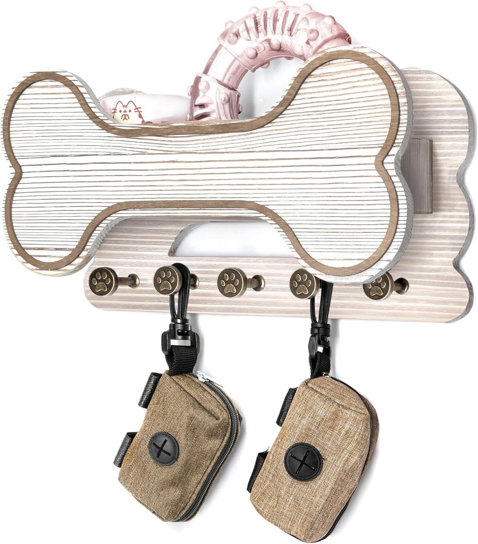 Decorative Dog Leash Holder for Wall - Creative Doggie Bone Shape Key Holder Wall Mount with Dog Stuff Storage Shelf & 5 Cute 3D Puppy Paw Hooks - Ideal for Room Decor (White)