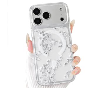 NITITOP Compatible for iPhone 17 Pro Max Case Cute Clear Magnetic Compatible with MagSafe Cute Flowers Floral Leaves for Women Girls Hard PC Back Shockproof Protective Phone Cover - White