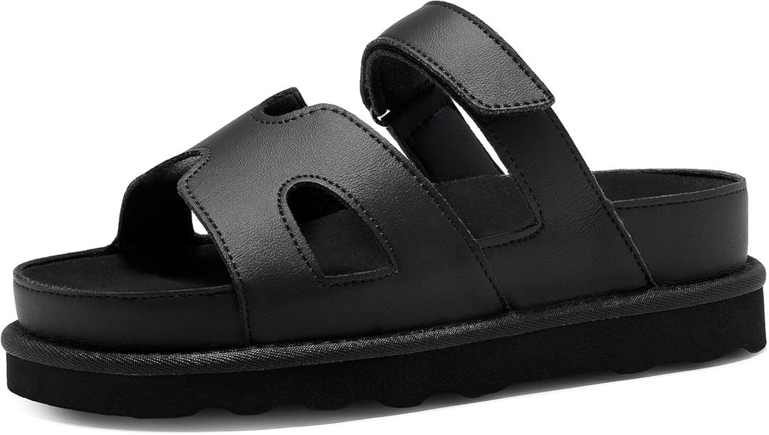 Women's Thick Platform Slide Sandals anti-slip Sole Open Toe Strap Summer Flats Shoes (Black)