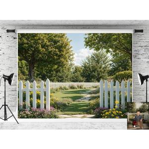 Kate Spring Garden Path Backdrop White Fence Background Green Tree Flower Photo Background Studio Props,10x8ft 