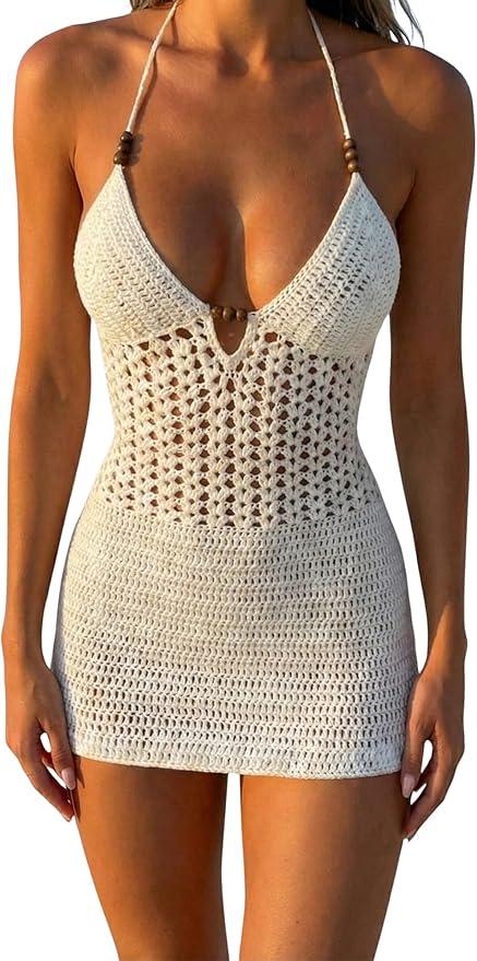 Women Crochet Halter Mini Dress Beach Cover Up White S