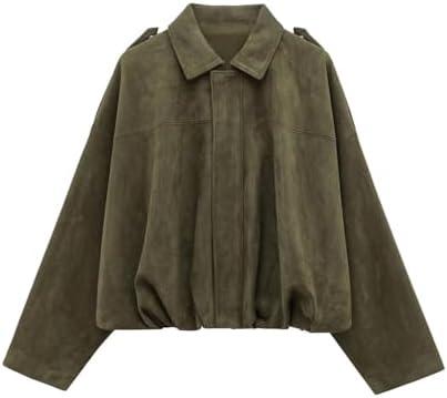 WOWULOVELY Women's Faux Suede Bomber Jacket Lapel Pilot Pocket Coat Casual Oversized Long Dolman Sleeves Trendy Streetwear Small