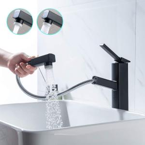 KAIYING Pull Down Bathroom Sink Faucet, Modern Lavatory Vessel Sink Faucet, Utility Single Hole Bathroom Sink Faucet with Pull Out Sprayer, Commercial Basin Mixer Tap (Tall, Black)