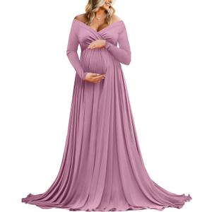 Saslax Maternity Off Shoulders Half Circle Gown for Baby Shower Photo Props Dress (Medium, Mauve 64)