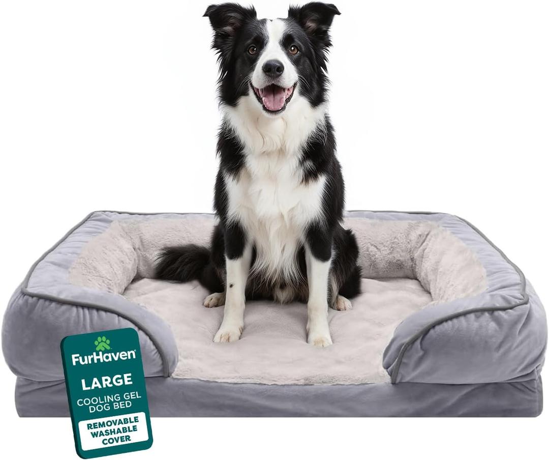 Furhaven Cooling Gel Dog Bed for Large/Medium Dogs w/ Removable Bolsters & Washable Cover, For Dogs Up to 55 lbs - Plush & Velvet Waves Perfect Comfort Sofa - Granite Gray, Large