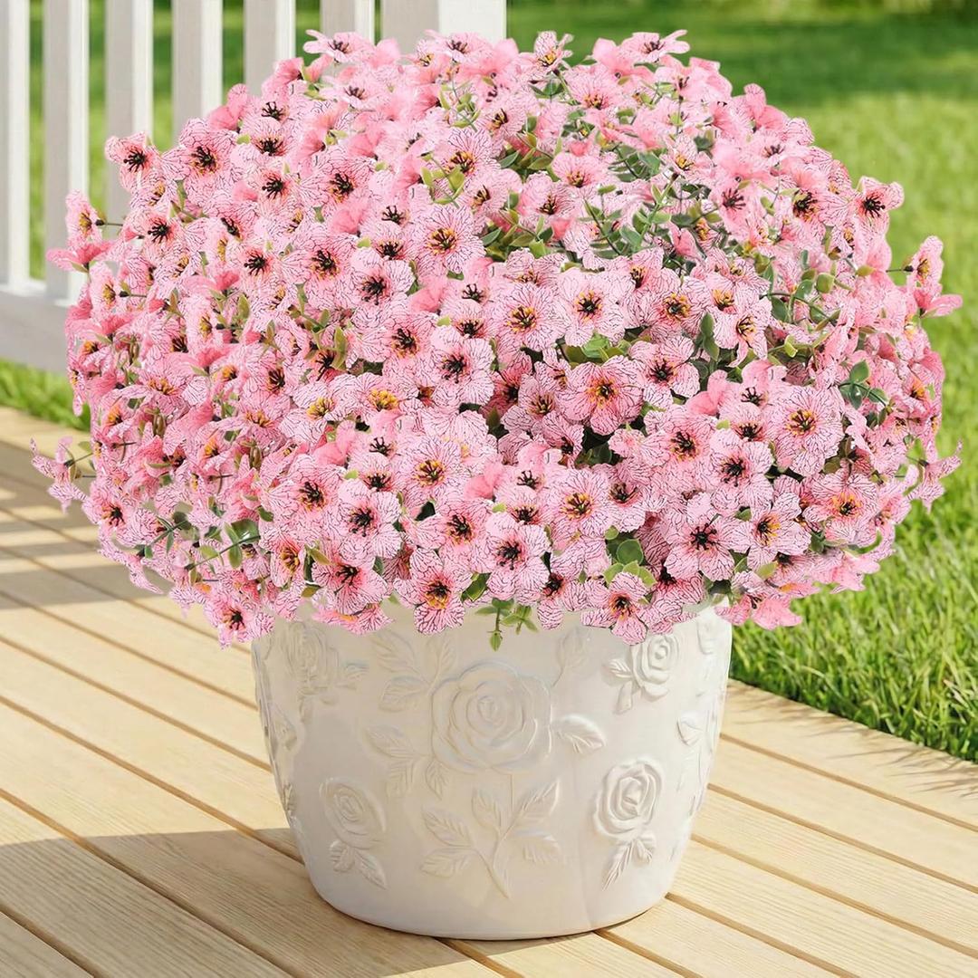 Artificial Flowers Fake Plants for Outdoors Spring Decoration, 13Bundles Silk Realistic UV Resistant Faux Flowers for Outside Planter Porch Yard Patio Garden Home Indoor, Pink