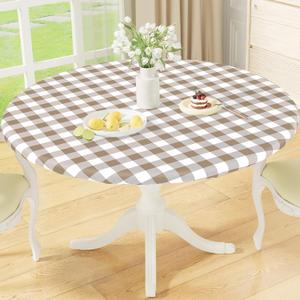 misaya Round Fitted Tablecloth with Elastic Edge, Buffalo Plaid Waterproof Vinyl Flannel Backed Table Cloth Cover Fits 45"-56" Round Tables for Dinner, Outdoor, Picnic, Khaki White Check