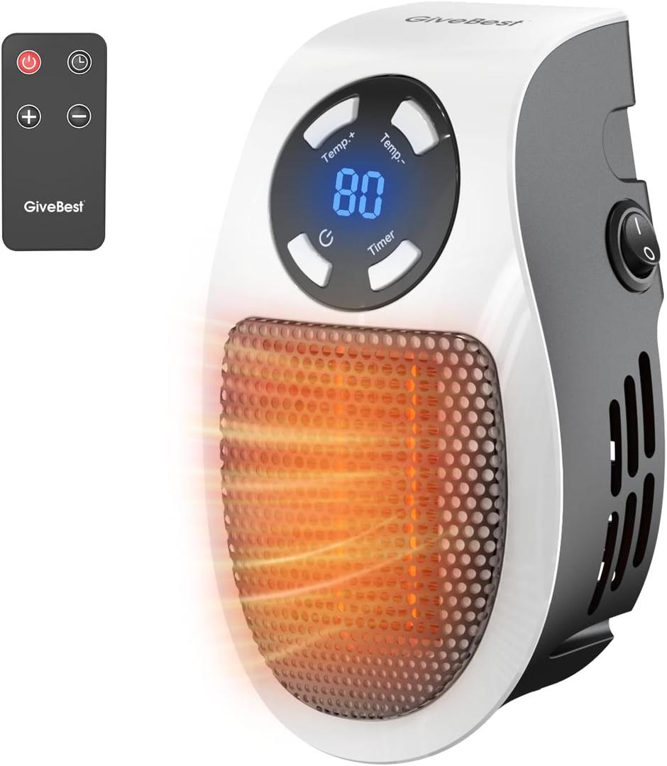 GiveBest Programmable Space Heater with LED Display, Remote Wall Outlet Electric Heater with Thermostat and Timer for Home Office Bathroom Indoor Use, Small Plug-in 450 Watt Heater, ETL Listed