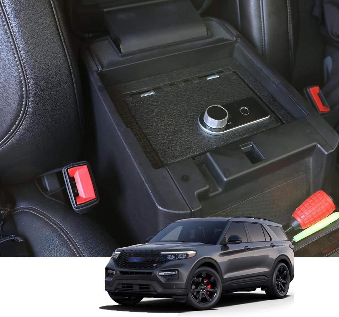 KEREN Center Console Gun Safe - Console Gun Vault Compatible with Ford Explorer 2020-2025, High Security Armrest Lock Box with Fingerprint Lock with Key
