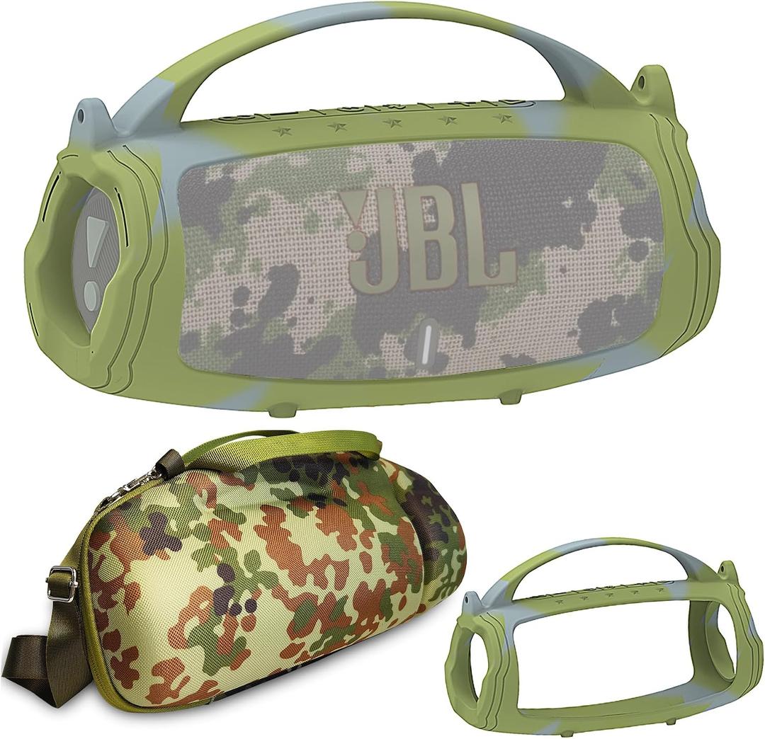 JCHPINE Silicone Cover and Hard Travel Case for JBL Charge 4 / Charge 5 Portable Bluetooth Speaker Accessories (Camouflage Case, NOT for Wi-Fi Version)